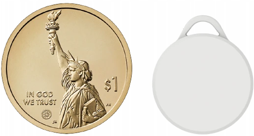 Tracklet BLE tag shown next to a US dollar coin — the tag is smaller